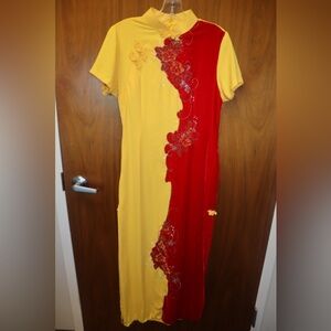 Elegant Red and Yellow Floral Women's Qipao Dress